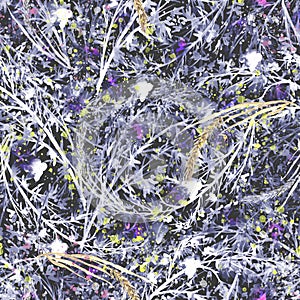 Watercolor seamless pattern with branches. juniper on a branch. Abstract background.Wild grass, wild flower.Immortelle,poppy. Snow