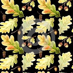 Watercolor Seamless pattern with bright colors forest oak leaves and branches. Beautiful autumn background in orange