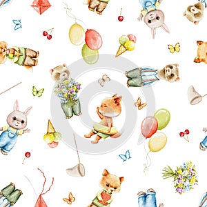 Watercolor seamless pattern with bright cute baby animals in clothes and various items