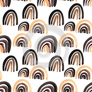 Watercolor Seamless Pattern of Brown Rainbows on white backgroumd