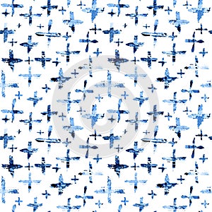 Watercolor seamless pattern with brush cross and strokes. Blue color on white background. Hand painted grange texture