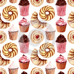 Watercolor seamless pattern with buns, cream cupcakes and ripe strawberries, raspberries and cherries