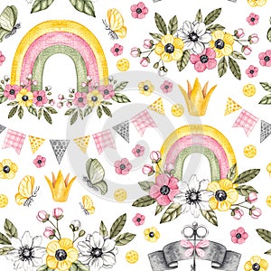 Watercolor seamless pattern with butterflies, flowers, rainbow