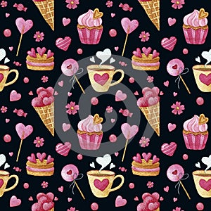 Watercolor seamless pattern with cakes and cups