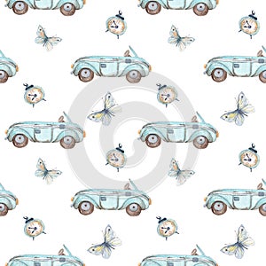 Watercolor seamless pattern with car