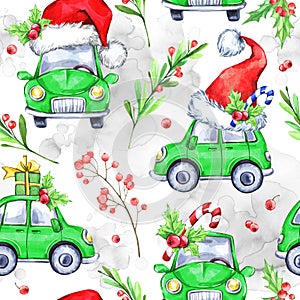 Watercolor seamless pattern with cartoon holidays cars