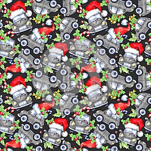 Watercolor seamless pattern with cartoon holidays cars, trees and gifts.