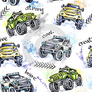 Watercolor seamless pattern Cartoon Monster Trucks. Colorful Extreme Sports background. 4x4. Vehicle SUV Off Road