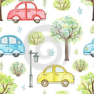 Watercolor seamless pattern with cartoon multicolored cars in park