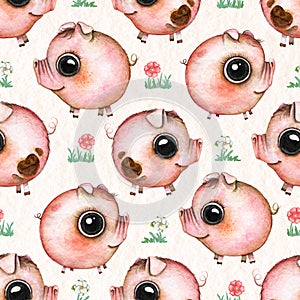 Watercolor seamless pattern with cartoon pigs and flowers