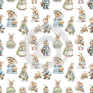 Watercolor seamless pattern with cartoon rabbits and vintage Easter objects