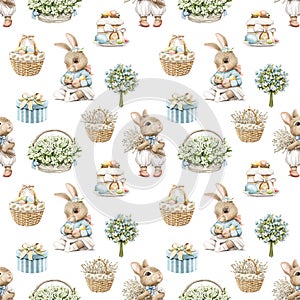 Watercolor seamless pattern with cartoon rabbits, vintage Easter objects and flowers