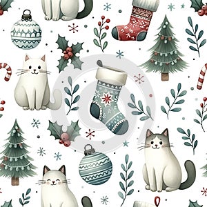 Watercolor seamless pattern with cats, Christmas trees, stockings and other elements. Ideal for wrapping paper, fabric designs and