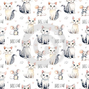 Watercolor seamless pattern with cats and mice, hearts and paw prints, isolated on white background