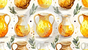 Watercolor seamless pattern with ceramic jugs and olive branches