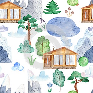 Watercolor seamless pattern with chalet house, mountains, lake, clouds, forest.