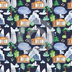 Watercolor seamless pattern with chalet house, mountains, lake, clouds, forest.