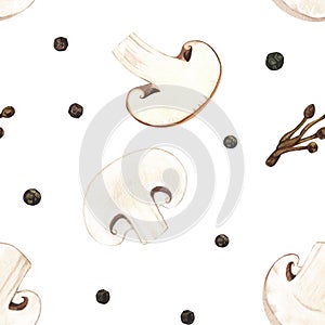 Watercolor seamless pattern Champignon mushroom, adaptogenic plant. Hand-drawn illustration isolated on white background