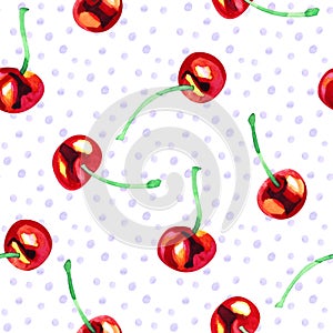 Watercolor seamless pattern with cherries. Hand drawn design. Hand drawn illustration.