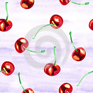 Watercolor seamless pattern with cherries. Hand drawn design. Hand drawn illustration.