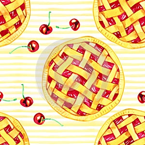 Watercolor seamless pattern with cherries. Hand drawn design. Hand drawn illustration.