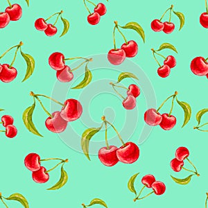 Watercolor seamless pattern with cherries on turquoise background