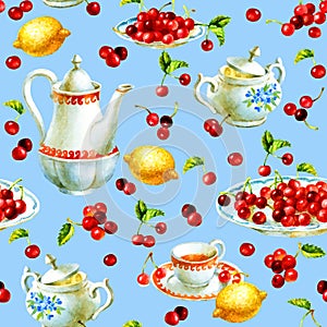 Watercolor seamless pattern with cherrys, teacup, lemon, sugar bowl and teapot