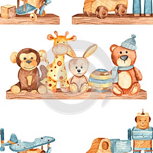 Watercolor seamless pattern with children`s toys on a shelf