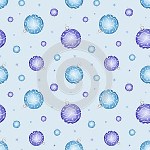 Watercolor Seamless Pattern With Christmas Decorations. Blue And Purple Balls. Toys Balls for the Christmas tree. Merry