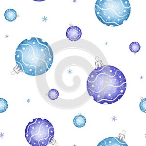 Watercolor Seamless Pattern With Christmas Decorations. Blue And Purple Balls. Toys Balls for the Christmas tree. Merry