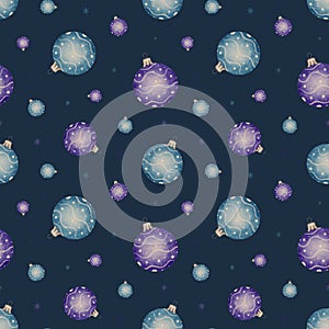 Watercolor Seamless Pattern With Christmas Decorations. Blue And Purple Balls. Toys Balls for the Christmas tree. Merry