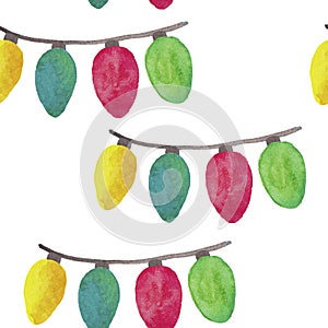 Watercolor seamless pattern with Christmas electric garlands
