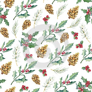 Watercolor seamless pattern Christmas floral with green branches and  barries for the wrapping paper, textile fabric and wallpaper