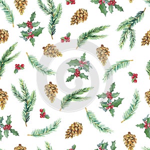 Watercolor seamless pattern Christmas floral with green branches, cone and red barries for the wrapping paper, textile fabric