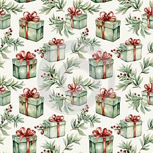 watercolor seamless pattern of Christmas gifts and mistletoe sprigs with red berries on a white background