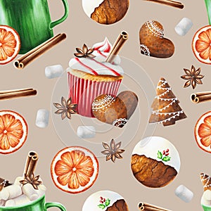 Watercolor seamless pattern with Christmas illustration with fresh mandarin, marshmallow, crispy gingerbread cookies