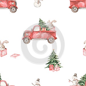 Watercolor seamless pattern with Christmas pickup truck, snowman, fir tree, bunny, gifts