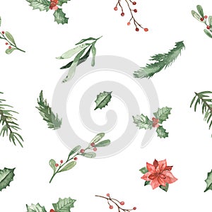 Watercolor seamless pattern with Christmas plants, berries, holly, pine, leaves, fir branches