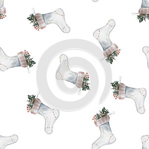 watercolor seamless pattern with a Christmas socks, stockin, cobbler for the mantel