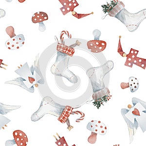 watercolor seamless pattern with a Christmas stockin, cobbler for the mantel, dolls, toys, angels, mushrooms