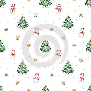 Watercolor seamless pattern with christmas tree, snowman, gifts, snowflakes on white background