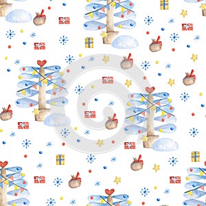 Watercolor Seamless pattern with Christmas trees, gifts, snowflakes, stars