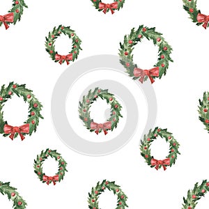 Watercolor seamless pattern with Christmas wreaths with fir branches