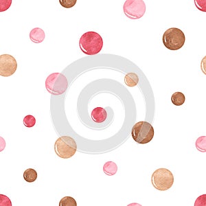 Watercolor seamless pattern with circles, hand painted pink and beige dots for children`s textiles