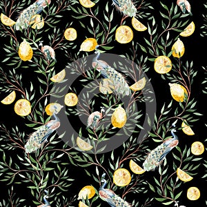 Watercolor seamless pattern with citrus and leaves, bird peacoc.