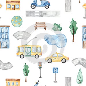 Watercolor seamless pattern with city transport, scooter, trolleybus, taxi, lake, trees, houses, road sign, road, traffic light,