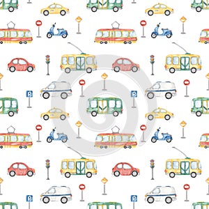 Watercolor seamless pattern with city transport, scooter, trolleybus, taxi, tram, bus, car, road sign, traffic light, for children