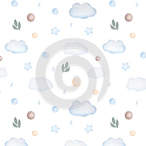 Watercolor seamless pattern with clouds, balls, leaves, drops and stars in blue colors on white background