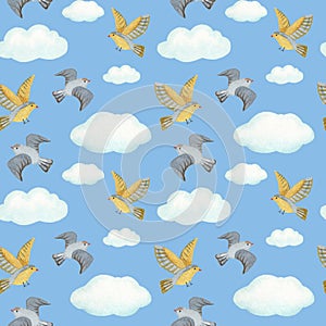 Watercolor seamless pattern clouds and birds. blue background