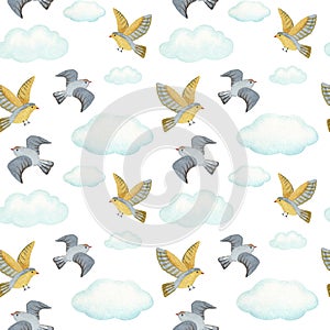 Watercolor seamless pattern clouds and birds. white background